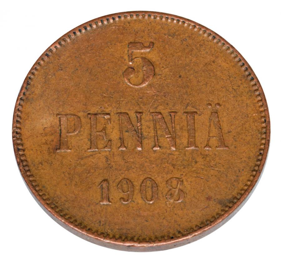 5 pennia 1908 Mikołaj II Finlandia okupacja Helsinki