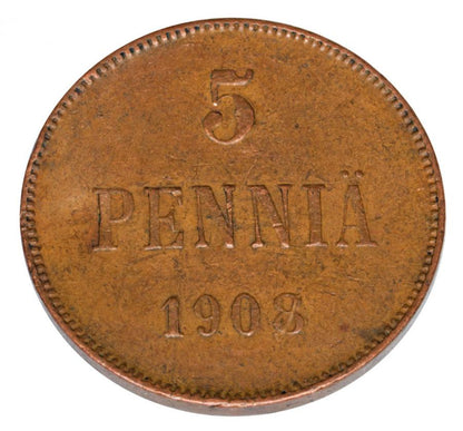 5 pennia 1908 Mikołaj II Finlandia okupacja Helsinki