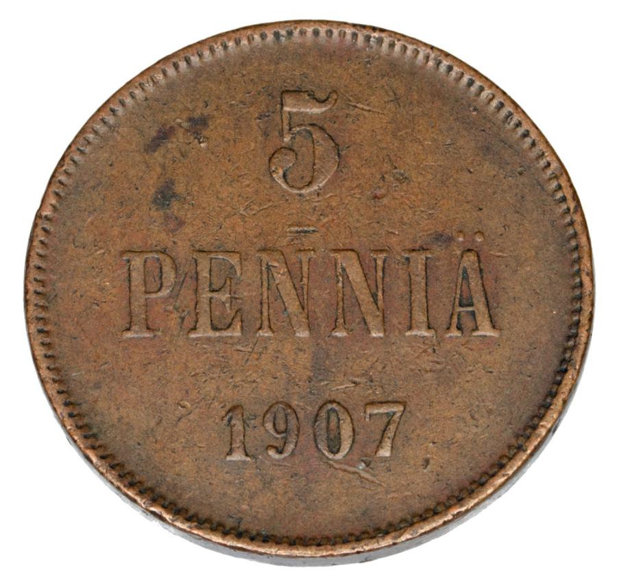 5 pennia 1907 Mikołaj II Finlandia rosyjska Helsinki