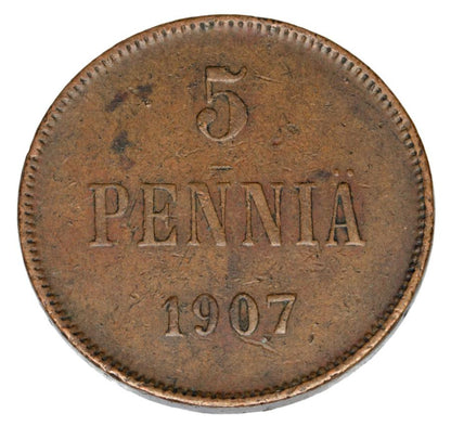 5 pennia 1907 Mikołaj II Finlandia rosyjska Helsinki