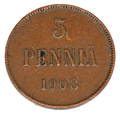 5 pennia 1908 Mikołaj II Finlandia rosyjska Helsinki